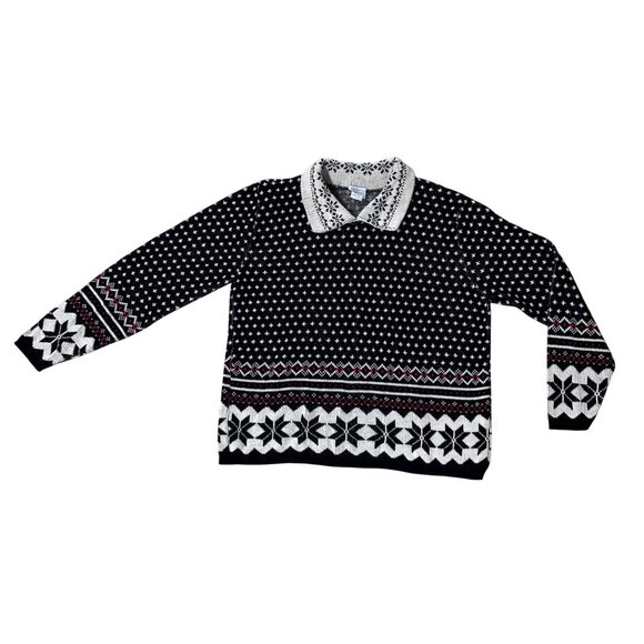 Vintage 1980s Black White Snowflake Knit Sweater Large Bedford Fair USA Acrylic - Picture 2 of 6